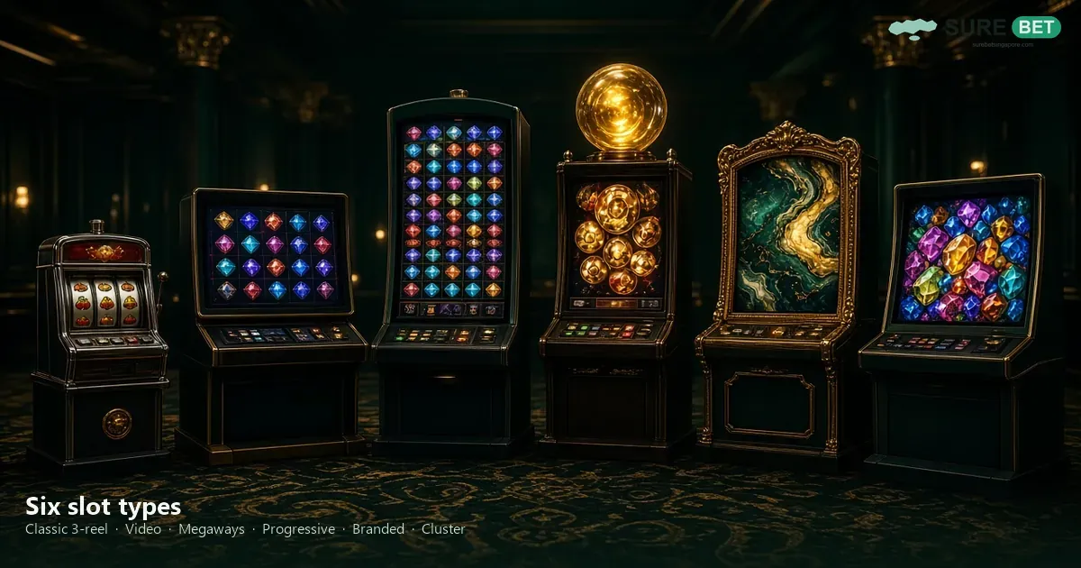Six panels showing classic 3-reel, video slots, Megaways, a progressive pot, a branded frame, and cluster pays.