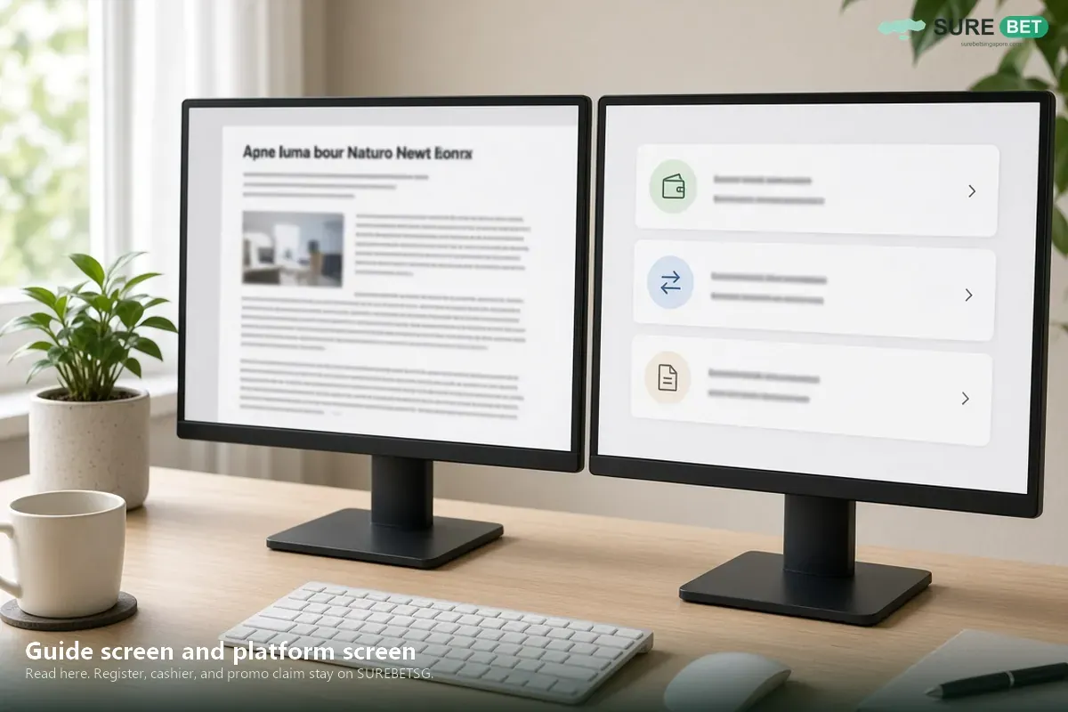 Two monitors, the left showing a guide article and the right showing register, cashier, and promo claim.