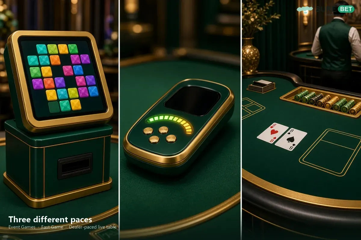 Three columns comparing Event Games, Fast Game, and a dealer-paced live table.