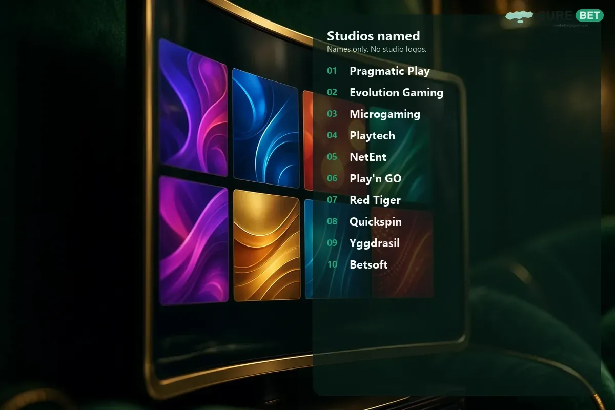Ten text rows naming Pragmatic Play, Evolution Gaming, Microgaming, Playtech, NetEnt, Play’n GO, Red Tiger, Quickspin, Yggdrasil, and Betsoft.