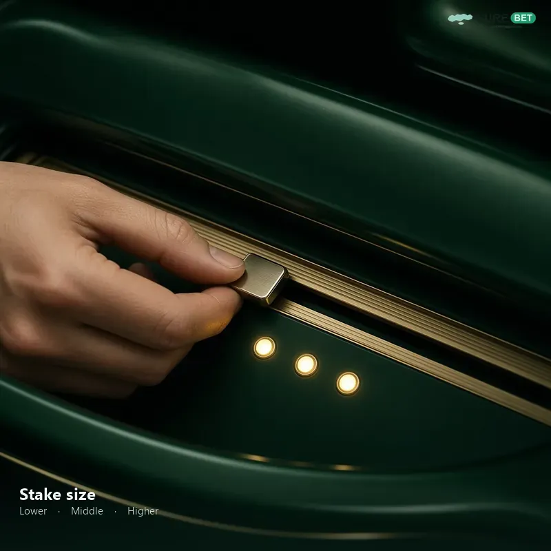 A geometric player beside a stake slider marked Lower, Middle, and Higher.